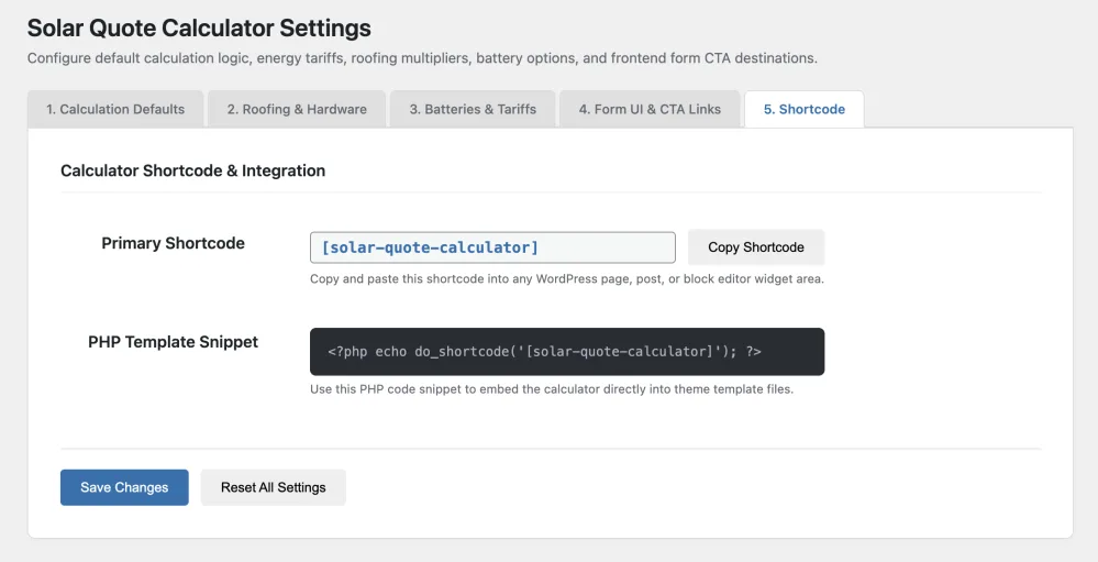 Admin Settings - Shortcode & Snippets