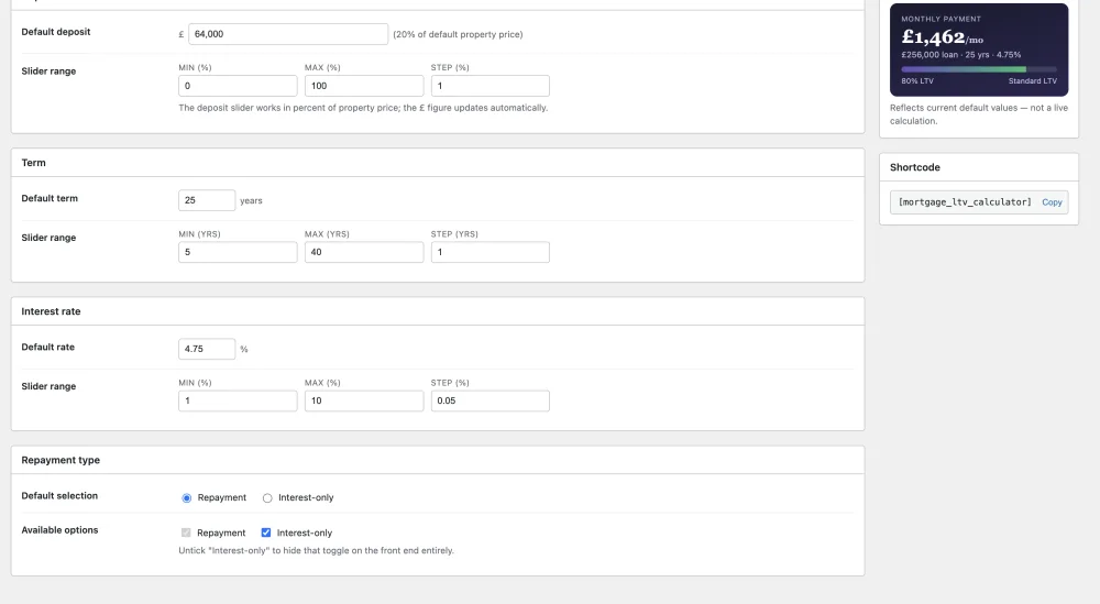 Calculator Field Admin - Rates & Repayment Modes