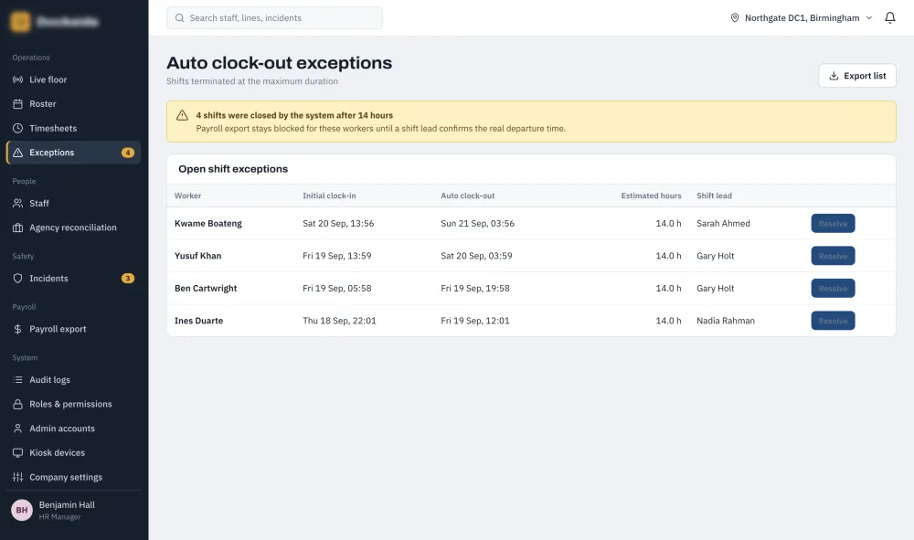 Auto Clock-Out Exception Queue