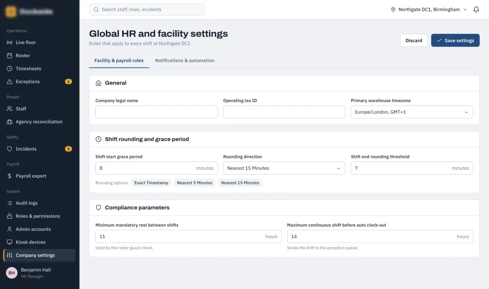 Global Settings — Facility & Payroll Rules