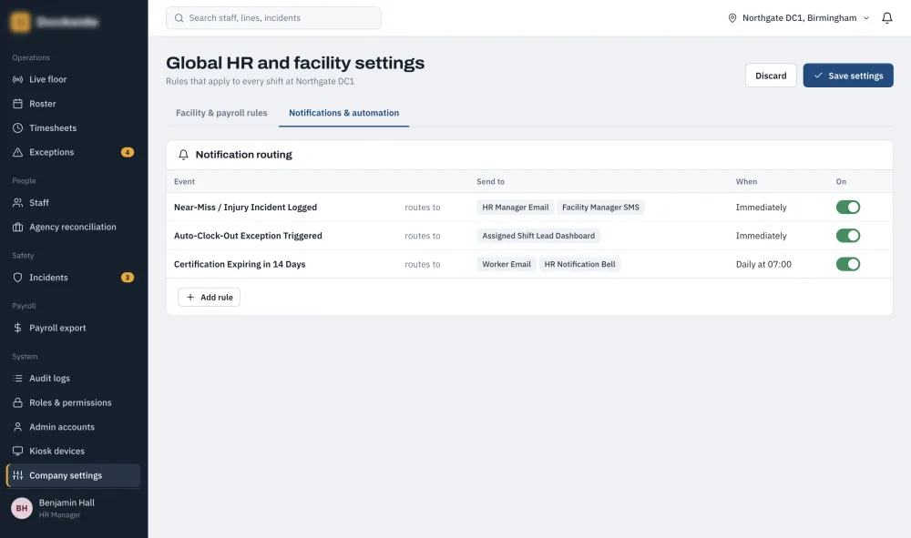 Global Settings — Notifications & Automation