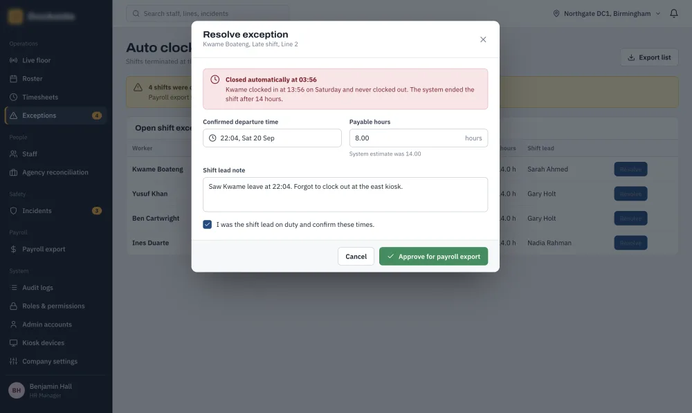 Resolve Auto Clock-Out Exception