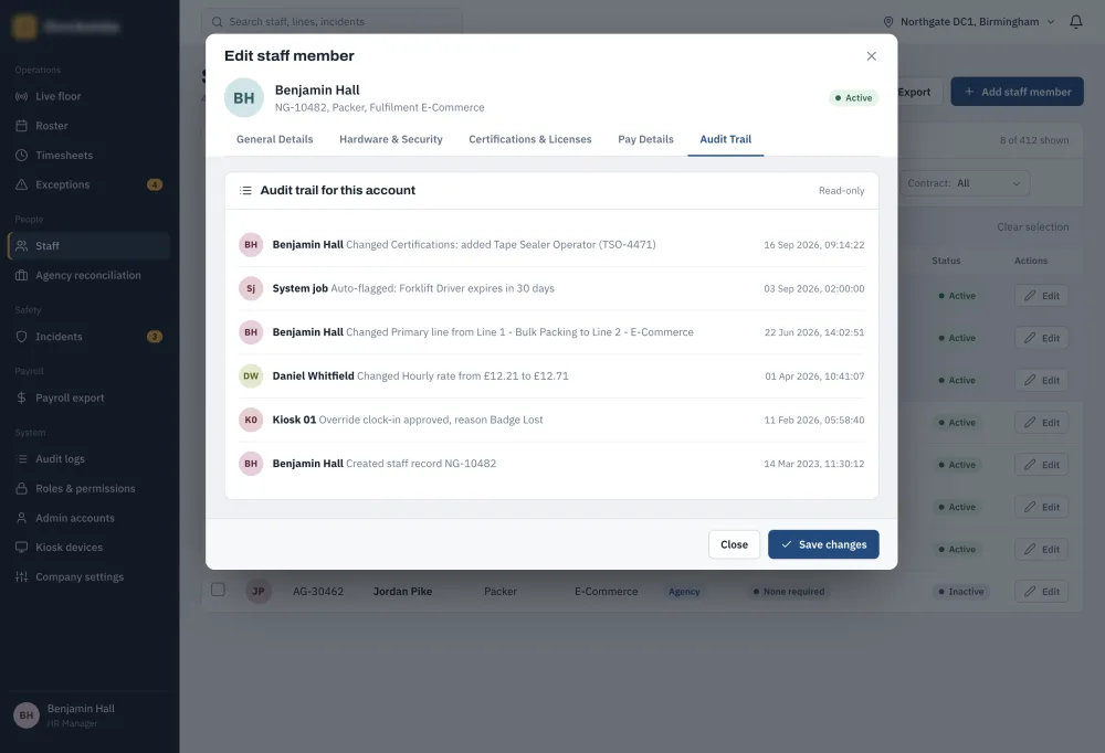 Edit Staff Member — Audit Trail