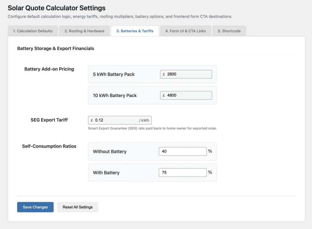 Admin Settings - Batteries & Tariffs
