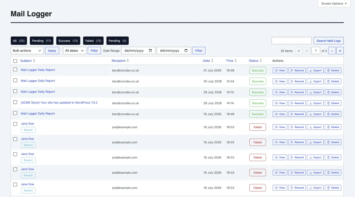 Mail Logger Pro Email Log Screenshot