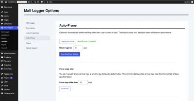 Mail Logger Pro automatic email log pruning and retention settings