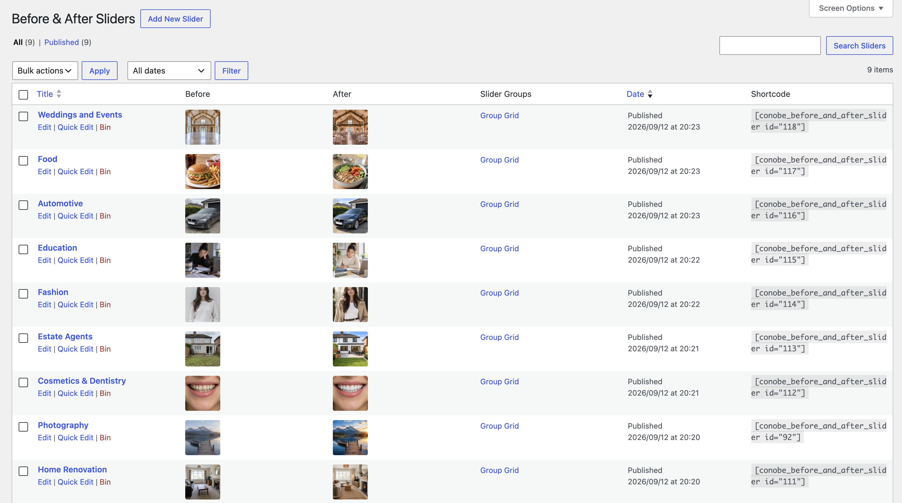 Slider table view