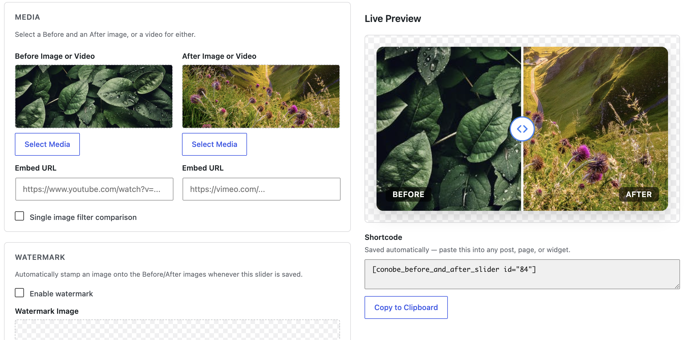 Conobe Before & After Slider WordPress visual editor
